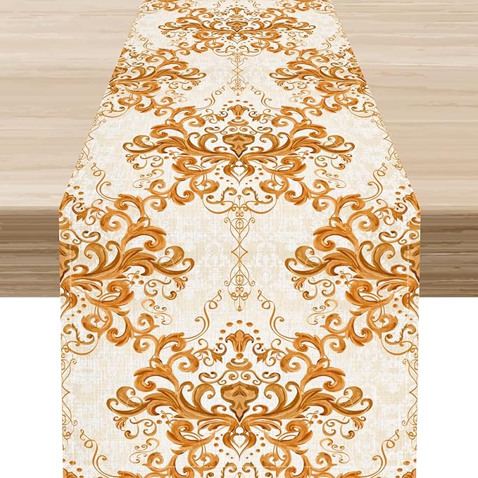 Damask Table Runner, Rustic Gold Gothic Boho Floral Flower Baroque Style Antique Vintage Retro Coffee Table Center Decor for Kitchen and Dining Outdoor Home Country Party Table Decorations, 13"x72"