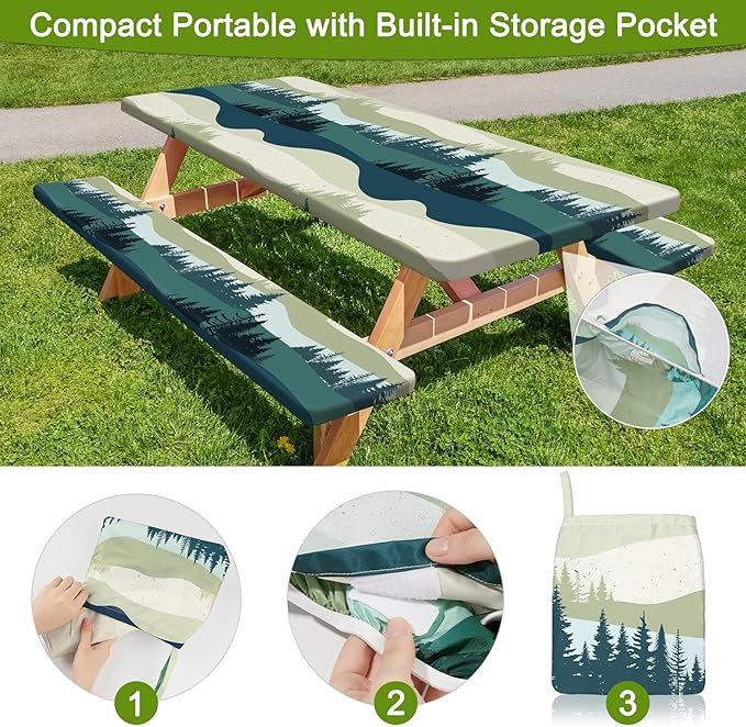Picnic Table Cover with Bench Covers Portable Table Cloth Built-in Storage Pocket Fitted Tablecloth with Elastic Edges Waterproof Camping Essentials for Indoor Outdoor Rv,72in,Green Blue