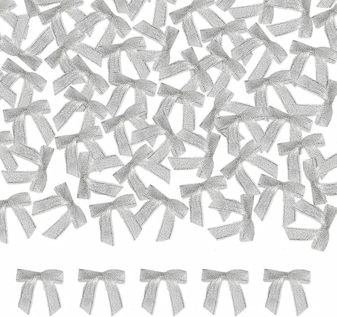 Meseey 100 Pcs 1.5 Inches Pretied Premade Craft Bows with Twist Tie Self Adhesive Satin Ribbon Bows for Treat Bags Gift Wrapping Basket Wedding Baby Shower Brithday Party (Metallic Silver)
