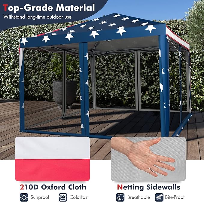 Tangkula 10x10 Ft Pop Up Canopy with Netting, Easy Up Canopy with Mesh Sidewalls, Carrying Bag, Adjustable Height, American Flag Outdoor Canopy with 100 Square Feet of Shade for Backyard, Lawn