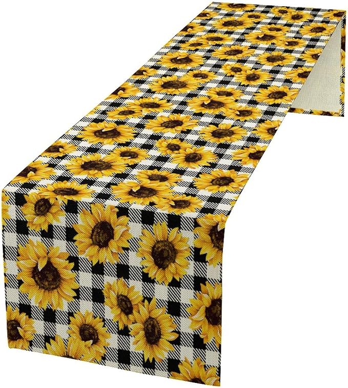 Summer Sunflower Table Runner, Sunshine Seasonal Buffalo Plaid Table Runner for Indoor Home Party Kitchen Dining Outdoor 13x90in