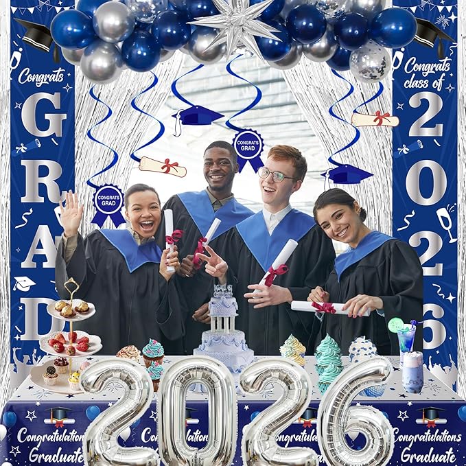 Graduation Decorations Class of 2026, Navy Blue and Silver Graduation Decorations, 2026 Graduation Party Decorations with Congrats GRAD 2026 Banner Tablecover Balloons for College High School Nursing