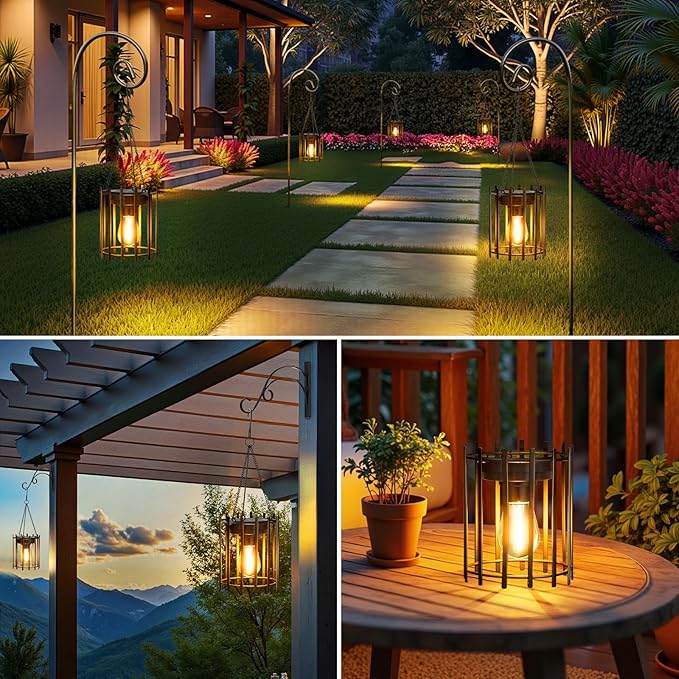 KOOPER Solar Lanterns Outdoor Waterproof, 4 Pack Upgraded Bright Hanging Solar Lights Outdoor Lanterns Decorative, Auto ON/Off Metal Hanging Lantern Lights for Pathway Yard Patio Garden Decor