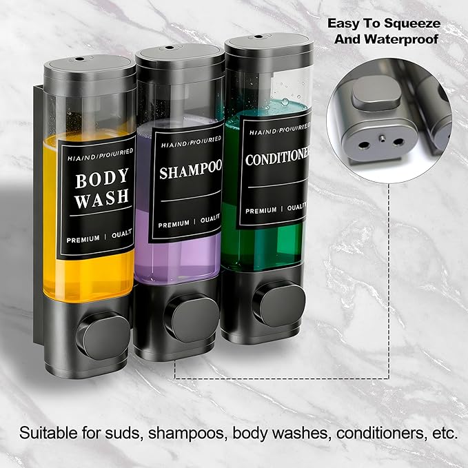 CeeVian 3 Chamber Shower Soap Dispenser Shower Soap Dispenser No Drill Wall Mounted Conditioner Body Wash Dispenser for Bathroom, Gym, Hotel – Includes Screws, Stickers & Tools