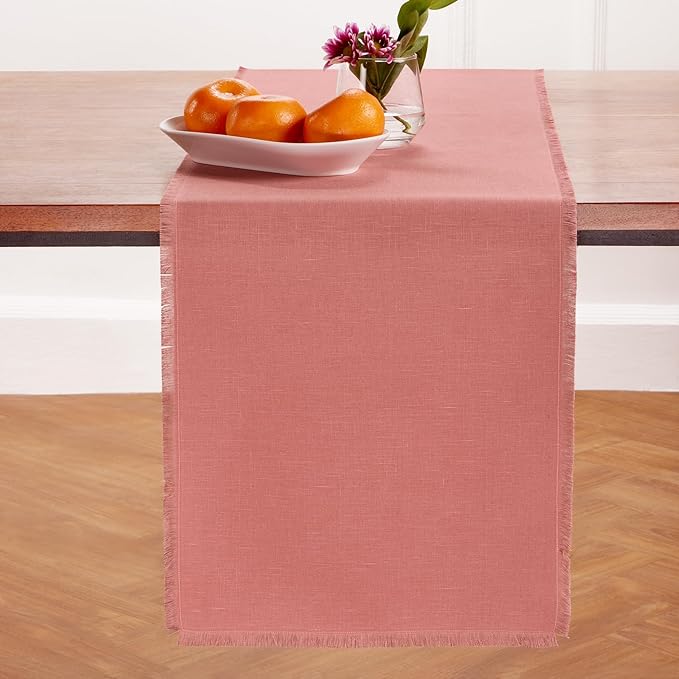Solino Home Fringe Linen Table Runner 60 Inches - 100% Pure Linen Dusty Rose Table Runner 14 x 60 Inch Ideal for Dresser and Coffee Tables - Valentines, Spring, Easter