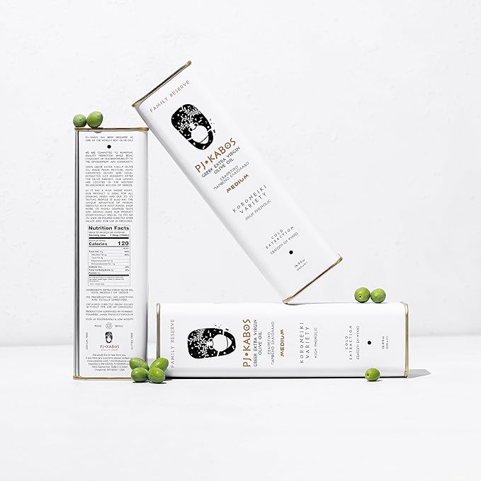 P.J. Kabos 2024/25 Harvest, High Phenolic (450+mg/kg), Premium Greek Extra Virgin Olive Oil, Kosher, Greece, Cold Extracted, 3 x 16.9 oz Tin