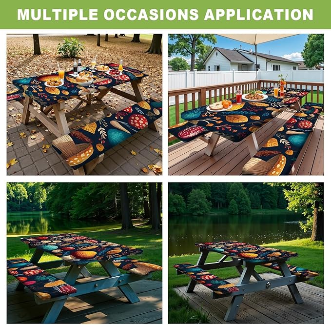 ANNA QUEEN 6FT Mushrooms Picnic Table Cover with Bench Covers Picnic Table Cover Set 3PCS 72"x30", Outdoor Bench and Tablecloth Furniture Protection