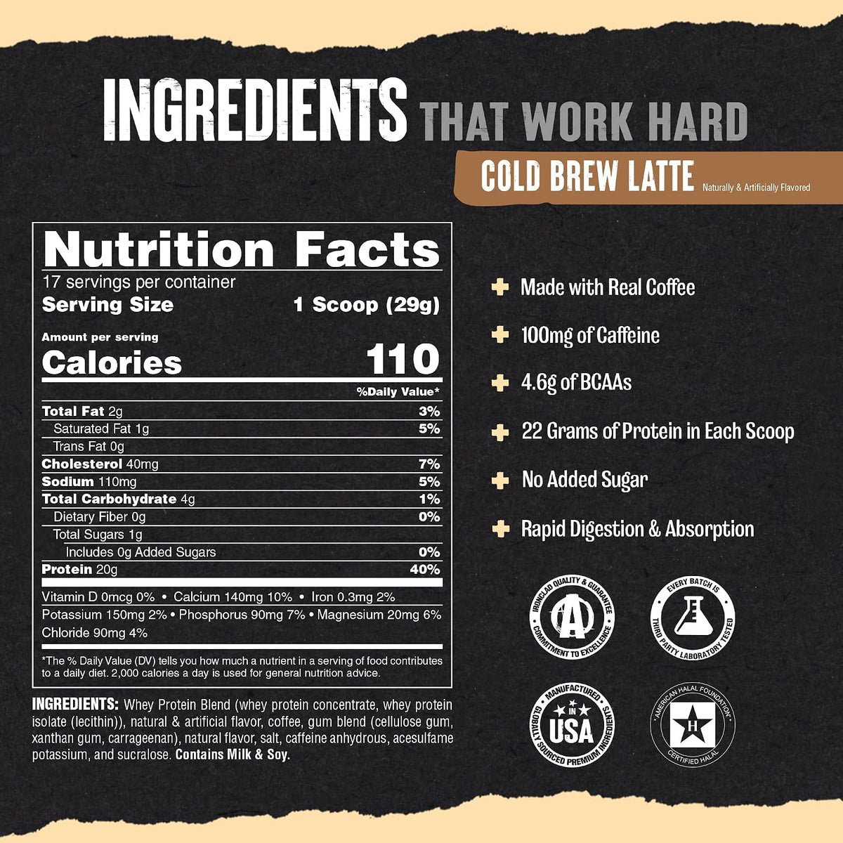 Animal 100% Whey Protein Powder, 20G High Protein | Cold Brew Coffee 1LB | Real Coffee Blend with 100mg Caffeine | Build Muscle &amp; Recover Faster | Low Carb, Low Sugar, Great Taste | Pre &amp; Post Workout