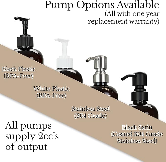 Amber PET Plastic Refillable Dish Soap Pump Bottle with 304 Grade Black Satin Stainless Steel Pump, 16 oz Kitchen Dispenser with Chrome Accent Waterproof Modern Apothecary Label, Reusable Container