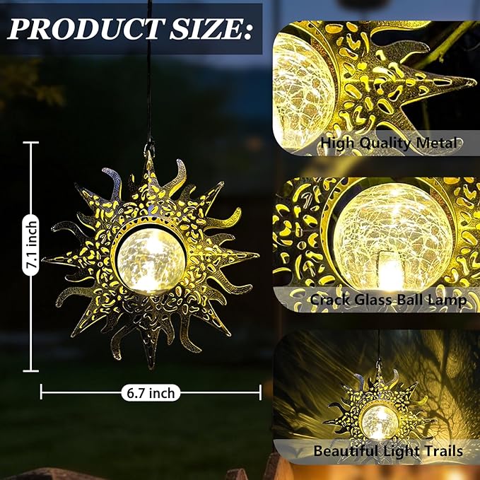 Hanging Solar Lights Outside Lanterns Garden Decorations,2 Pack Metal Sun Outdoor Art Decor for Backyard Balcony Patio Porch Landscape Pathway,Unique Mother's Day Gifts for Women Mom Grandma