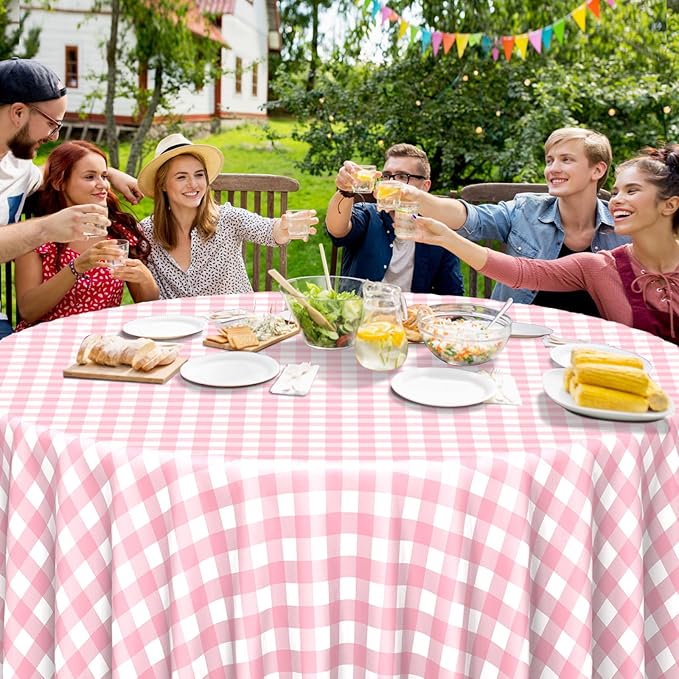 12 Pack Pink Gingham Tablecloth Round, Premium Decorative Disposable Pink and White Checkered Plaid Table Cloths for Parties, Round Party Table Cover for Picnic Farm Birthday Wedding Festivals, 84Inch
