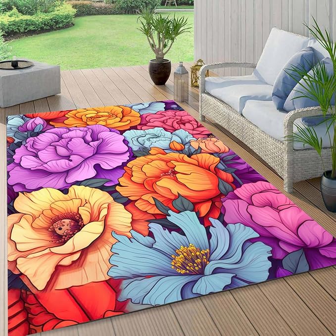Easy Clean Floral Outdoor Rug 5x7 Yellow Purple Machine Washable Area Rugs for Patio Balcony Camping Pool Garden Non Slip Waterproof Outside Carpet Vibrant Low Pile Porch Mat