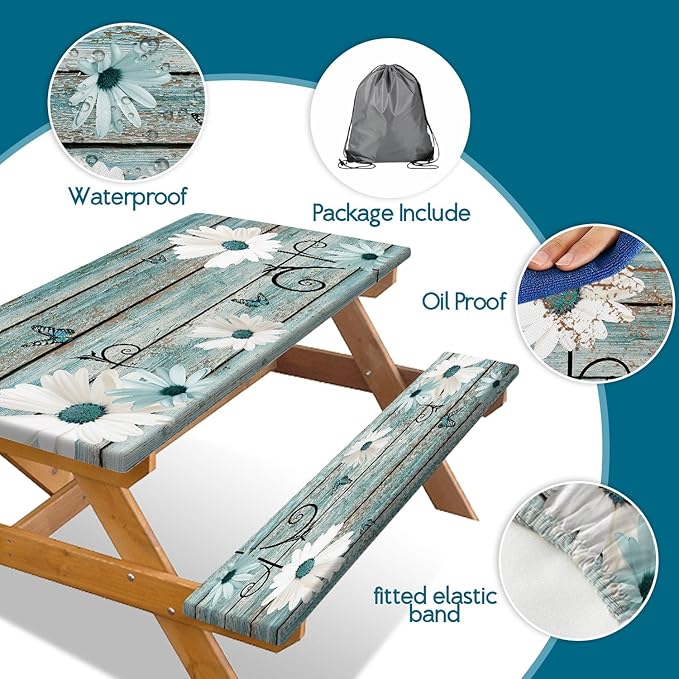 Rustic Daisy Picnic Table Cover with Bench Covers, Waterproof Farmhouse Vintage Floral on Wooden Board Teal Sunflowers Tablecloth for Camping Indoor Outdoor Party Decorations, 30X72in