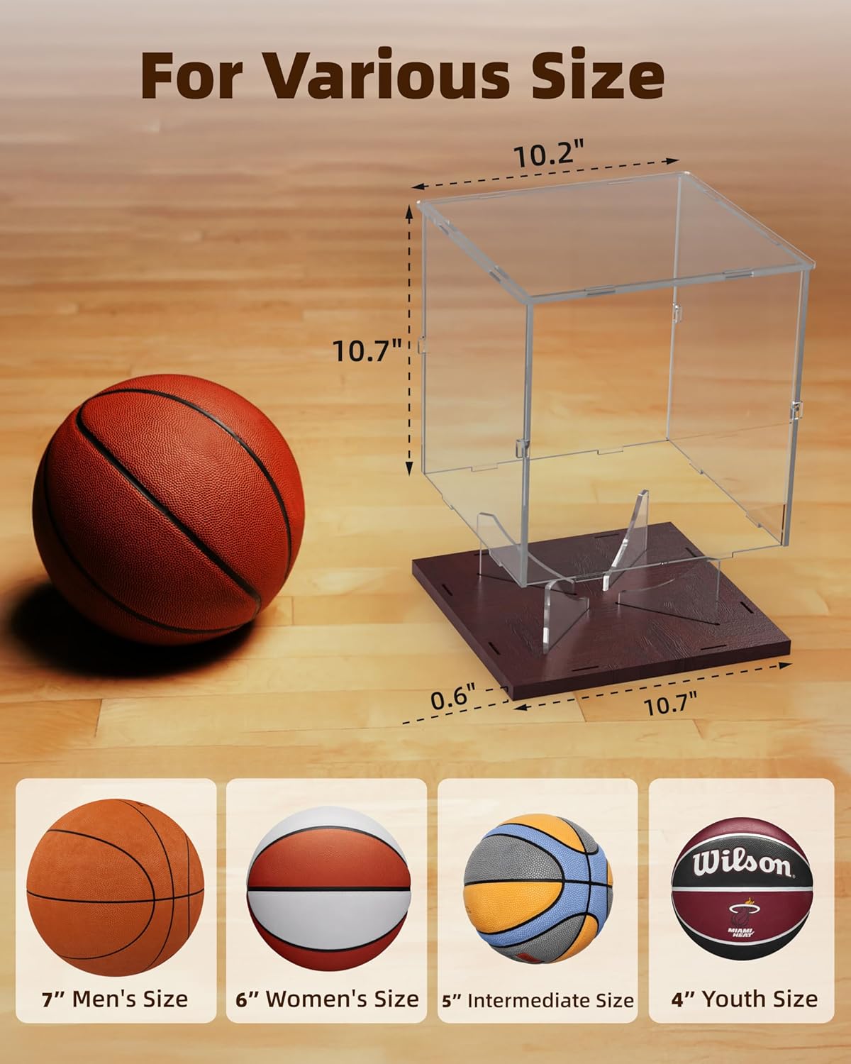 Basketball Display Case Acrylic Clear, UV Protected Basketball Stand Box Full Size with Solid Wood Base