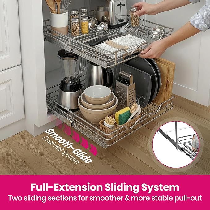 2-Tier Pull-Out Cabinet Organizer with Heavy-Duty Steel Frame, Full-Extension Sliding Shelves, Holds 100 lbs, Easy Install for Kitchen, Pantry & Under Sink Cabinets, 30" W x 21”D x 16.5" H