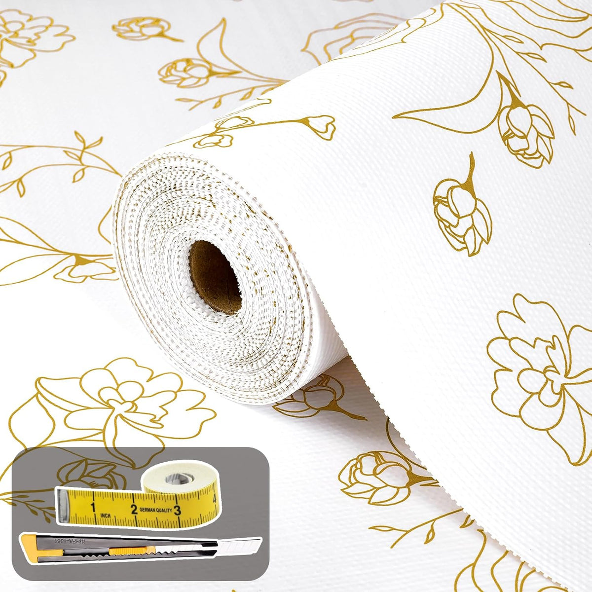 Shelf Liners for Kitchen Cabinets 12in x 10FT Non Adhesive Drawer Liner Gold Floral Thickened Shelf Liner Paper Strong Non-Slip Easy to Clean for Tool Box Refrigerator with Knife and Tape Measure
