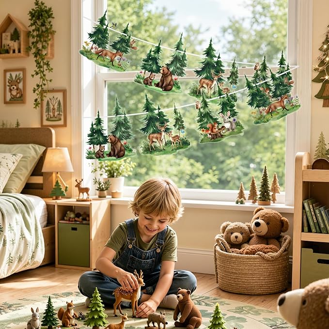 SUNBEAUTY Woodland Animals Banner 6.56FT Babyshower Party Decoration,Waterproof 2-Side Printed Garland Bunting with Tree Bear Fox Deer Rabbit for Kids Nursery Livingroom Gender Reveal Birthday