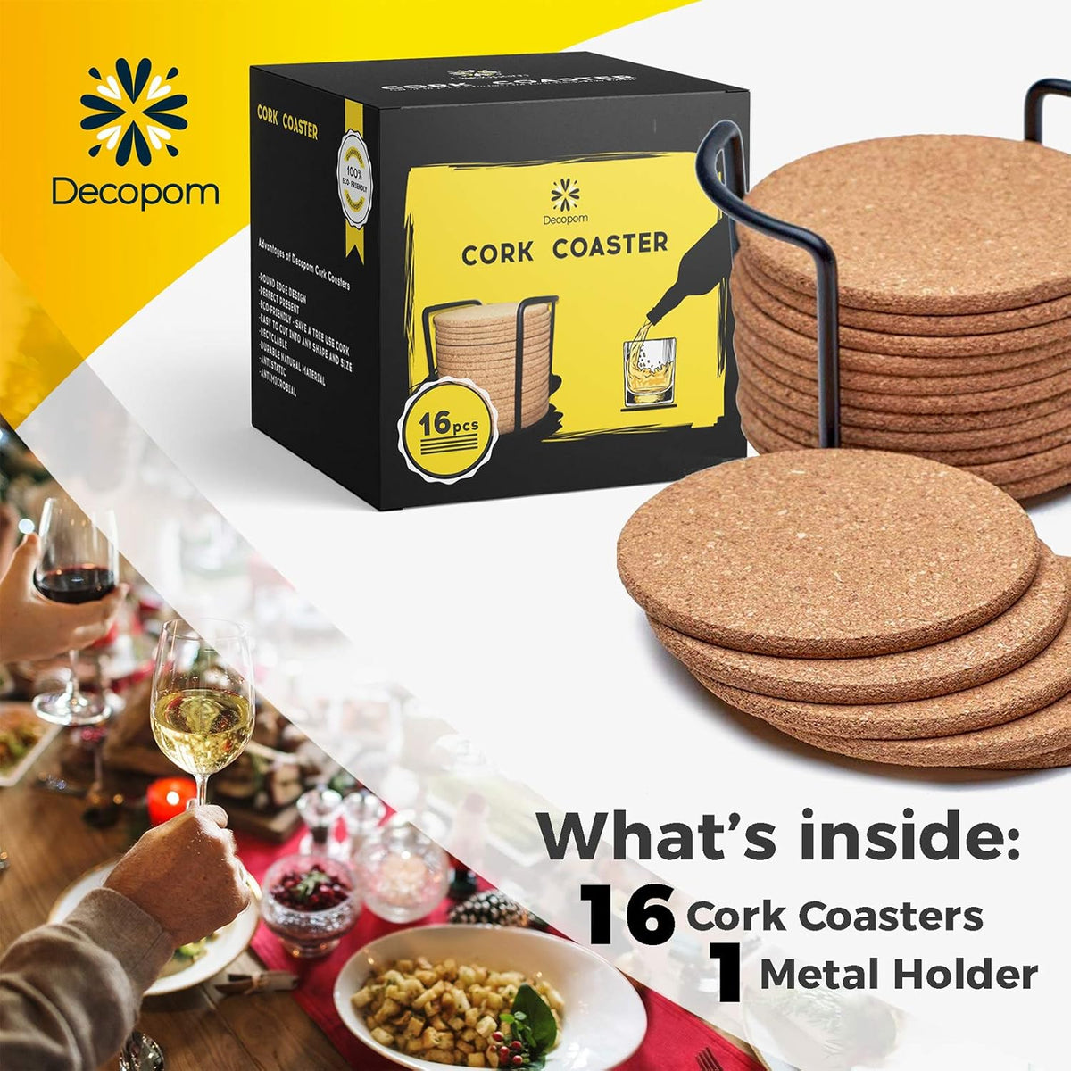 Cork Coasters for Drinks with Metal Holder - 16 Pcs Round 4 inch Drink Coaster Thick Absorbent Heat-Resistant Saucer