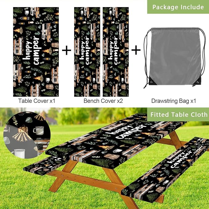 JAWO Picnic Table Cover with Bench Covers, Happy Camper Tablecloth,RV Plants Bonfire Black Rectangle Tablecloth for Indoor Outdoor Patio, 60x30 Inch