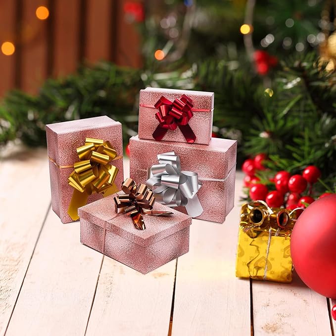 UNIQOOO Assorted Gift Wrap Pull Bow Set of 48, Medium 4'' Large 6'', Bulk for Gift Wrapping Basket Box Bag Décor, Valentines Day Wedding Birthday Christmas Anniversary, Metallic Rose Gold Red Sliver