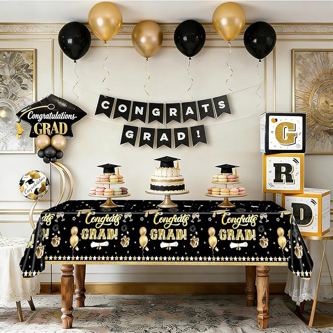 2Pcs Graduation Tablecloth, Graduation Decorations Black and Gold Class of 2026 Congrats Grad 54 x 108 inches Disposable Plastic Tablecloths for Graduation Party Decor Grad Plastic