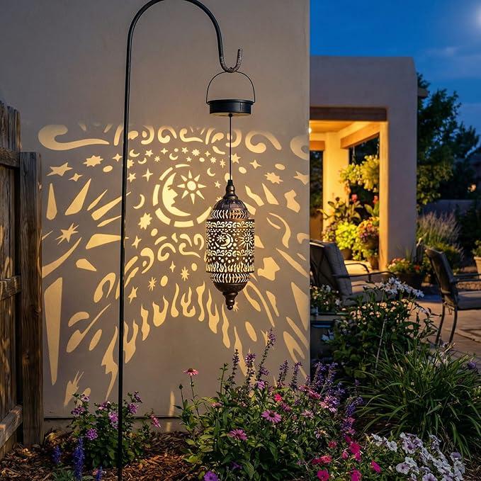 Hapjoy Moroccan Hanging Solar Lights Outdoor Garden Decor Sun and Moon Decorations Solar Lantern Waterproof for Patio Pathway Yard Backyard Garden Decorative (Cylinder, 2)