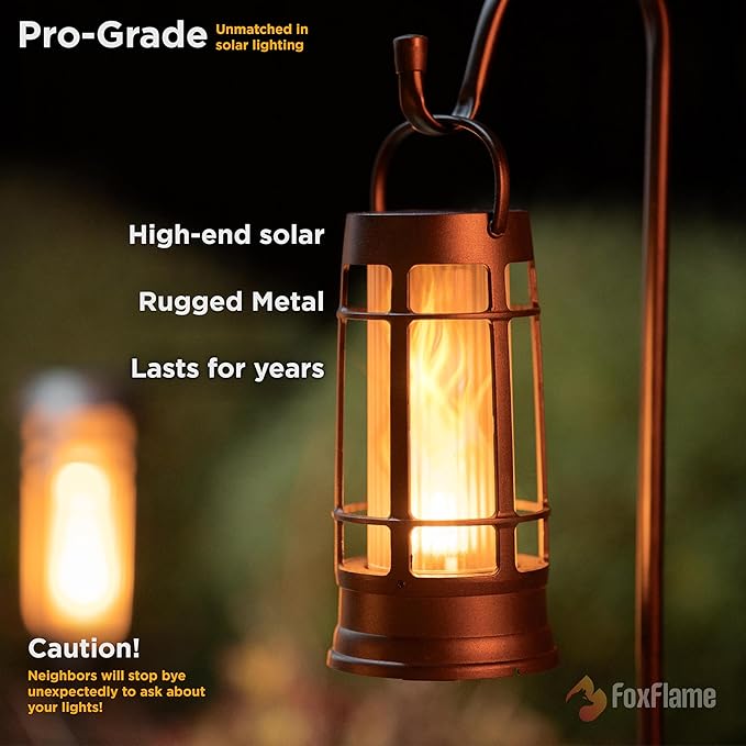 FoxFlame Upgraded Metal Outdoor Solar Lantern, Flickering Solar Lanterns Outdoor Waterproof with Patented LED, Outdoor Lanterns for Porch, Patio, Garden, Tabletop, Hanging Use, Matte Black (2 Pack)