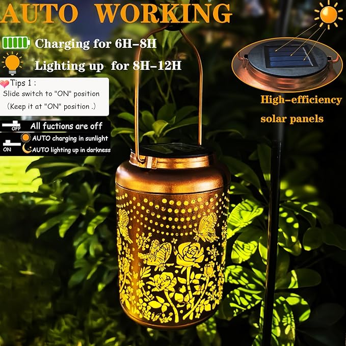 Merrytech Gardering Birthday Gifts for Mom Grandma Women,Solar Butterfly & Rose Lanterns Outdoor Waterproof,Hanging Metal Garden Decor Yard Art Lights,Outside Patio Decorations,Porch,Housewarming,1PC