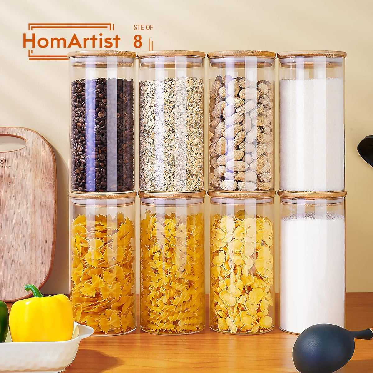 Glass Jars with Bamboo Lids 28 floz [Set of 8], Glass Canisters with Airtight Lids, Glass Food Storage Containers for Pasta, Oats, Coffee, Flour