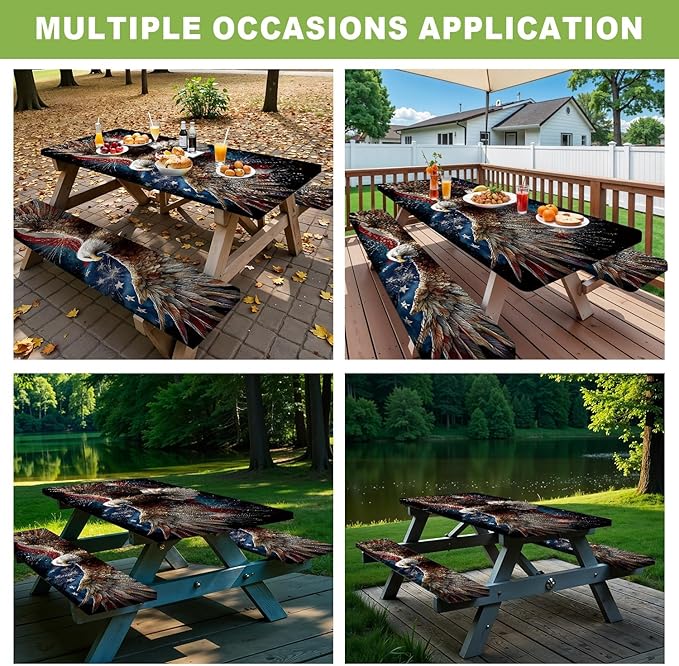 ANNA QUEEN Eagle Flag Independence Day Picnic Table Cover 6FT with Bench Covers Picnic Table Cover Set 3PCS 72"x30", Outdoor Bench and Tablecloth Furniture Protection
