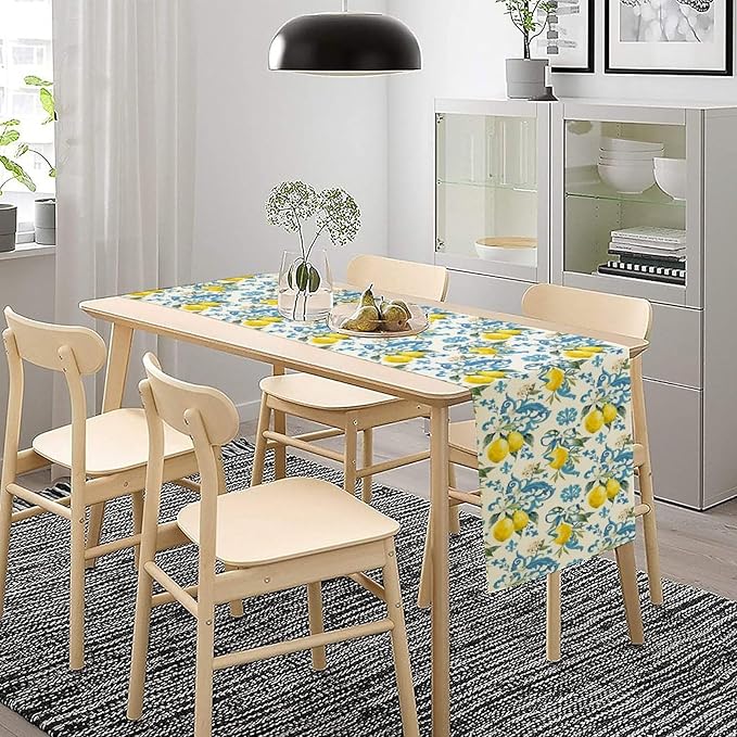 Lemon Flower Table Runner, Summer Fruit Sicilian Style Table Runner for Indoor Outdoor Kitchen Home Party Holiday Dining Table 13x120in