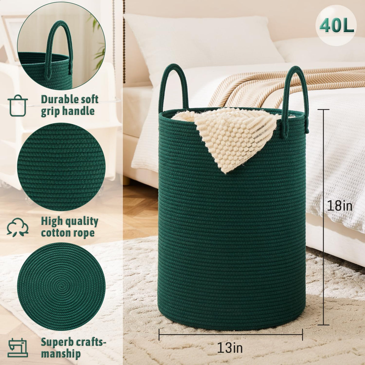 Laundry Basket,Woven Cotton Rope Laundry Hamper,40L for Decorative Storage of Dirty Clothes,Toys and Blankets in Bathroom,Baby Room and Living Room