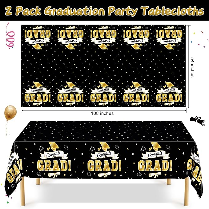 2Pack Graduation Decorations 2026, 108" X 54" Graduation Tablecloth, Blackgold Rectangle Class of 2026 Table Cloths, Disposable Plastic Congrats Grad Tablecover for Grad Party Favors Supplies for kids