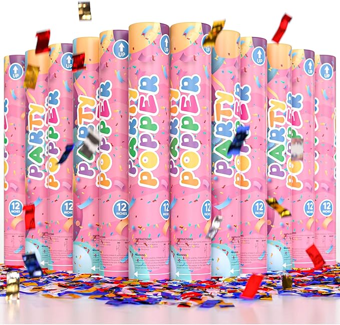 Confetti Poppers Confetti Cannon | 12 Pack | Glitter Multicolor | Party Poppers for Graduation, Birthday, Wedding | Alternative to Fireworks Smoke Bombs | Launches 25 ft | 12 inch | TUR Party Supplies