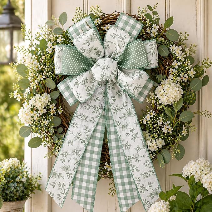 Sage Green Wired Ribbon Set, 4 Rolls 2.5 Inch Decorative Ribbon with Floral Gingham Polka Dot Leaf Designs for Wreaths, Bows, Gift Wrapping, Wedding Crafts