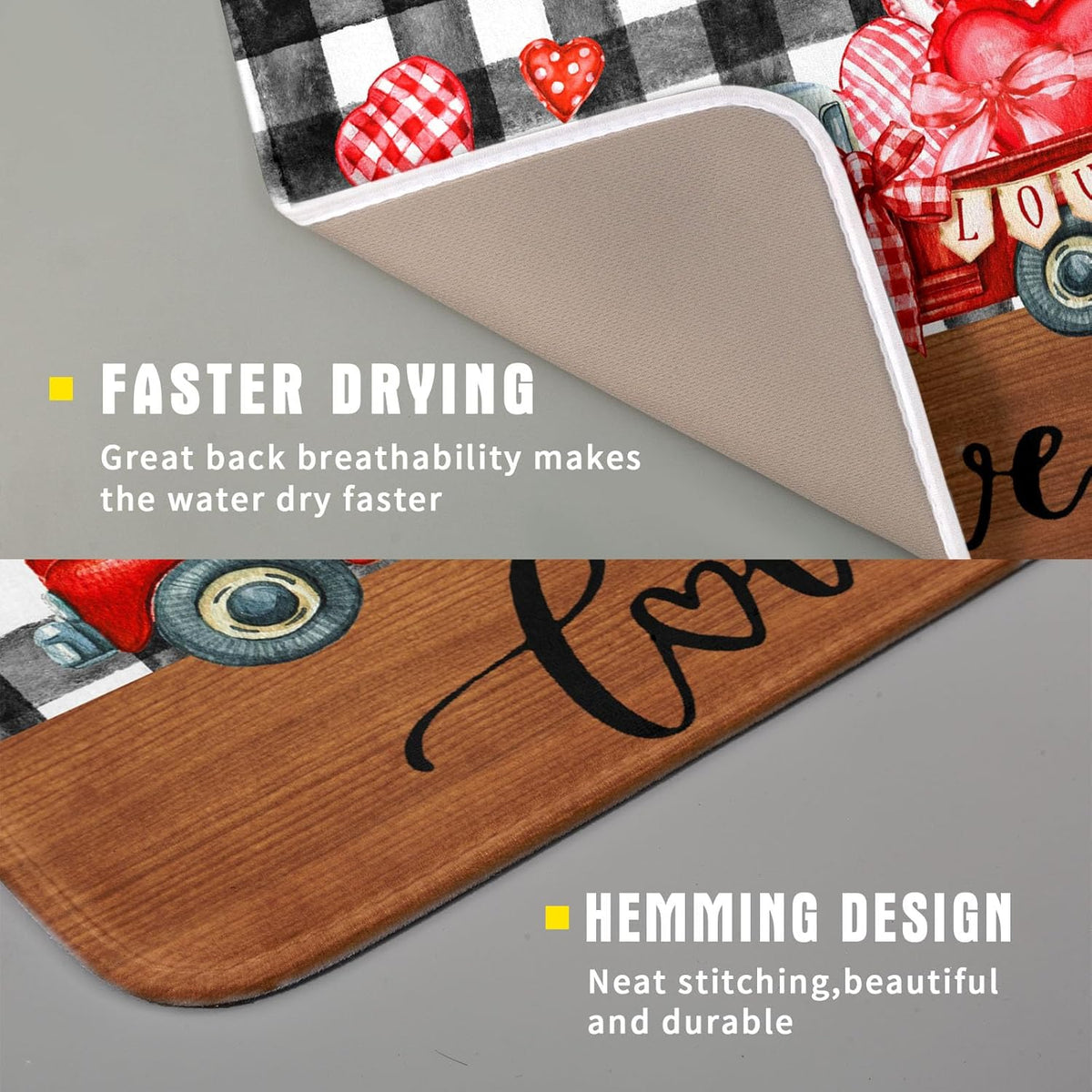 Valentine's Day Red Heart Truck Dish Drying Mat for Kitchen Counter,Black White Buffalo Plaid Love Drying Mat 16 x 18 Inch with Absorbent Reversible