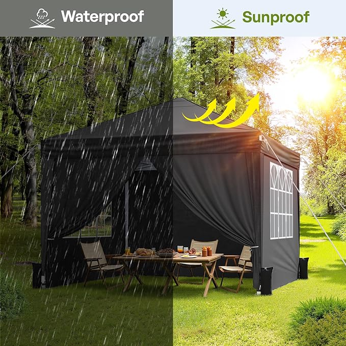 10x10 Pop Up Canopy with Sidewalls, Instant Portable Canopy Tent with Carry Bag for Commercial Events, Camping, Parties - Black