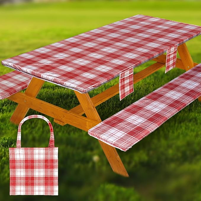 Fitted Picnic Table Cover with Bench Covers Waterproof Elastic Edges Rectangle Patio Tablecloth Outdoor Camping Essentials Stuff Rv Accessories Summer Trip Travel Camper Gifts for Woman Men, 72in 6 ft
