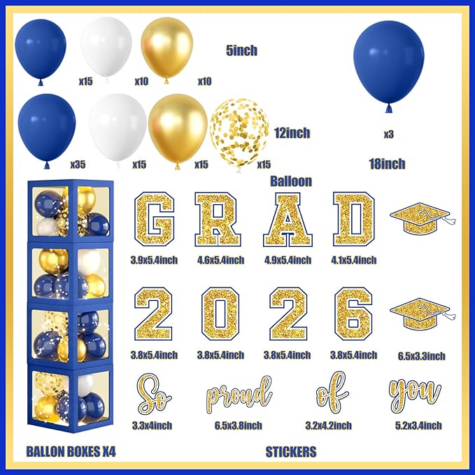 Graduation Decorations Class of 2026,Blue and Gold Graduation Decorations Class of 2026,Blue Balloon Arch Grad Boxes with Letters 2026 So Proud of You Grad 2026 for College Graduation Party Supplies