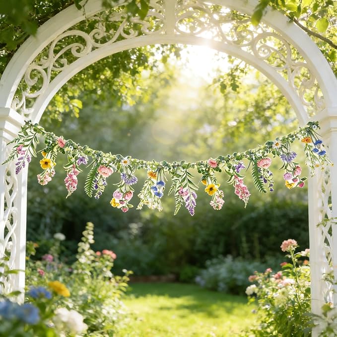 SUNBEAUTY Wildflower Banner Garden Party Flower Spring Summer Reusable Waterproof Garland 4.92 FT for Enchanted Garden Woodland Tropical Wedding Baby Shower Birthday Tea Supplies Girl Decorations