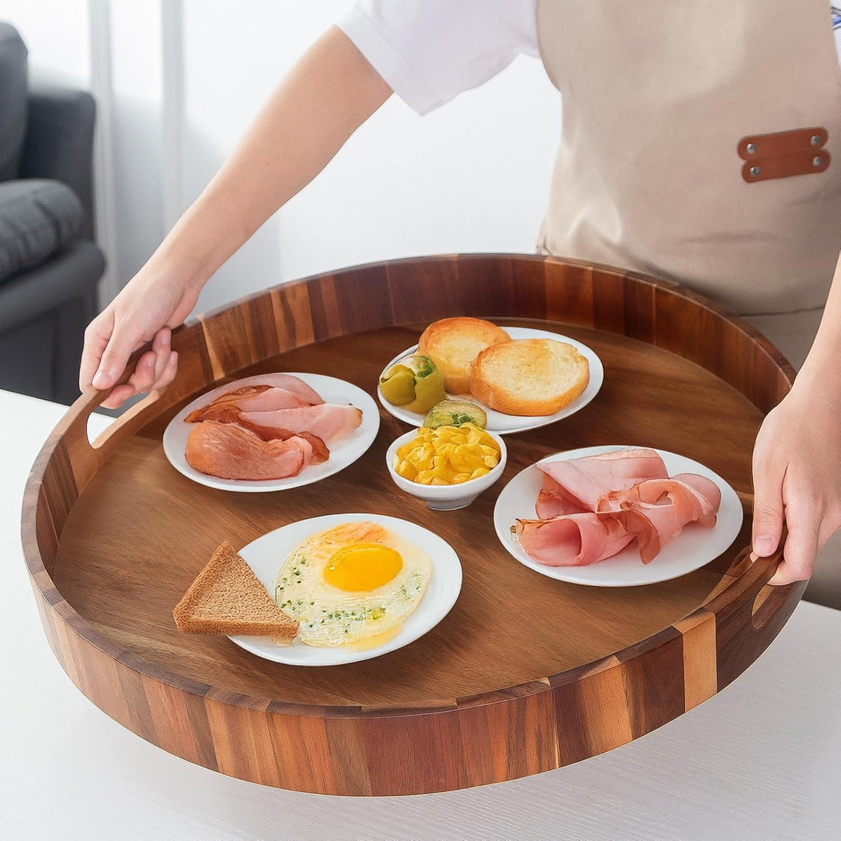 Extra Large Tray for Ottoman 22" Wooden Tray Ottoman Trays Large Acacia Wood Serving Tray with Handles Wooden Trays for Party, Food Serving, Breakfast, Dinner, Coffee Tea, Appetizers
