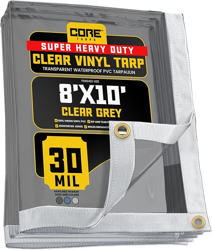 Core Tarps 30 Mil Extreme Heavy Duty Clear Tarp with Gromments - 8x10ft Super Clear Tarps Heavy Duty Waterproof Vinyl Tarpaulin, Transparent Tarp for Outdoor, Camping & Construction, Clear Grey