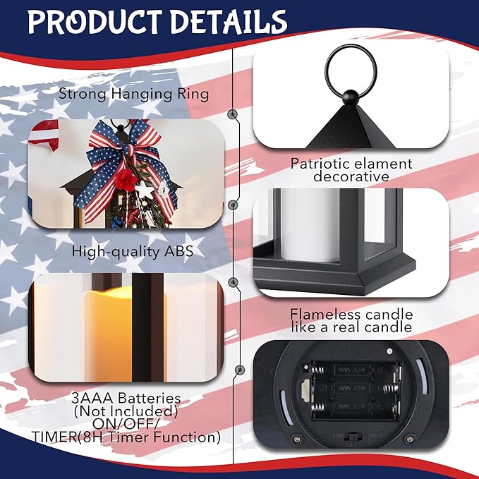 Patriotic Lanterns Decorative Indoor, 14" Black Lantern with Timer Flameless Candle, Battery Operated Waterproof Outdoor Hanging 4th of July Lanterns for Porch, Patio, Patriotic Decorations