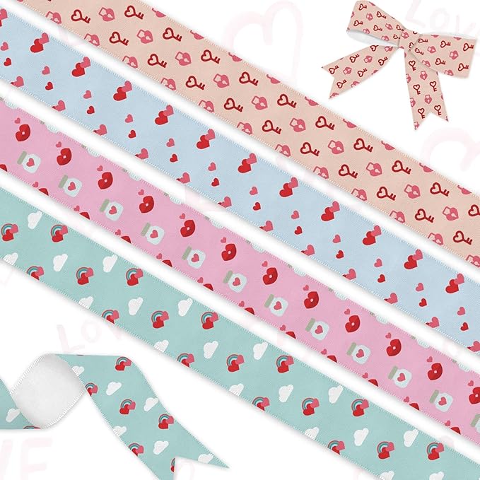 4 Rolls Valentine's Day Ribbon Set, 1" x 5 Yards Each, Heart Pattern Ribbons for Wedding Gift Wrapping & DIY Crafts