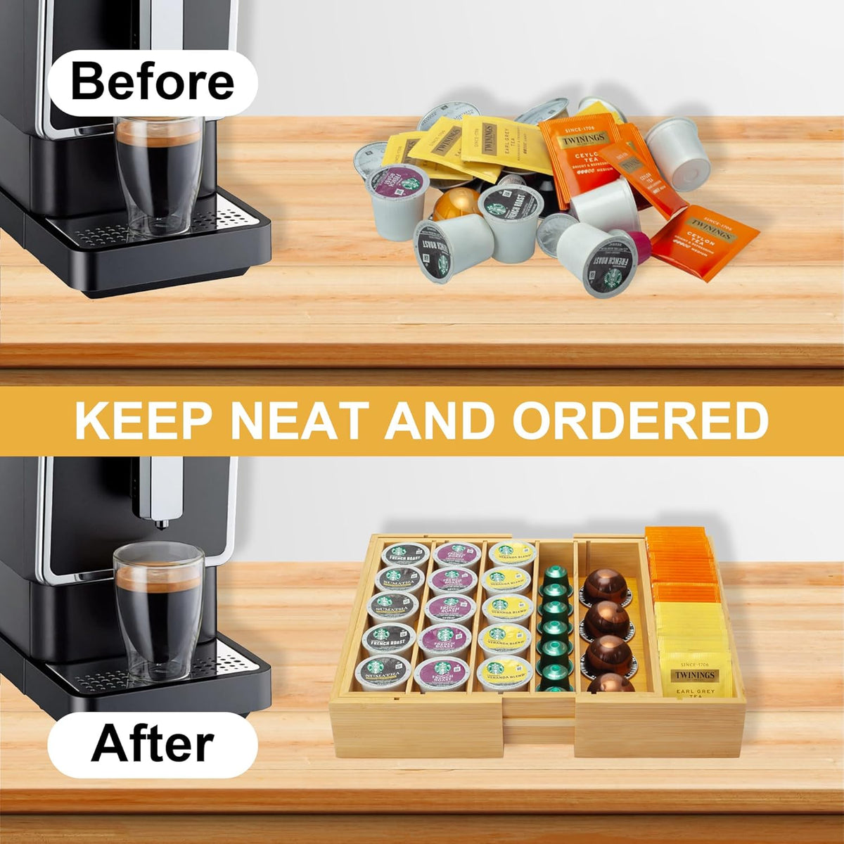 MinBoo Bamboo K Cup Holder for Drawer or Countertop Coffee Pod Holder Expandable K Cup Pod Storage Tea bag organizer K Cup Storage for Coffee Station