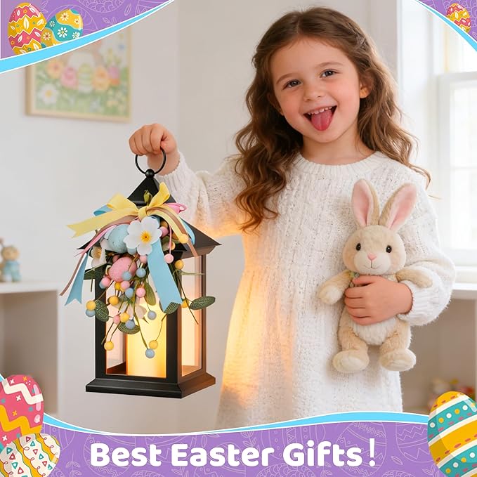 Easter Decorative Candle Lanterns, Battery Operated with Timer, 2 Pack Black Easter Egg Lanterns, 14" Waterproof Hanging Lanterns for Porch, Patio, Wedding Spring Decor