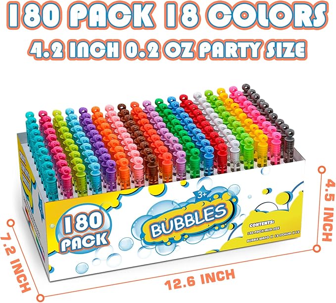 180 Piece Bubble Wands, 18 Colors Mini Neon Bubble Toy Bulk with Box for Halloween, Easter Basket Stuffers, Assortment Bubble Party Favors for Outdoor Indoor Activity Use, Child Kid Classroom Reward