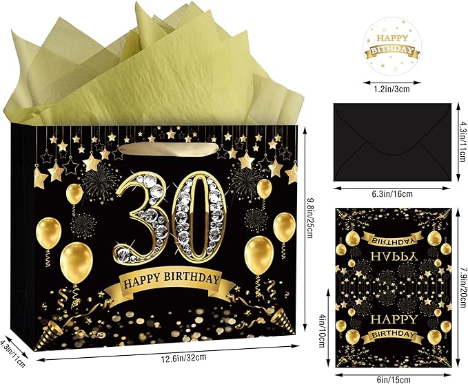 OIIVPOK 30th Birthday Gift Bag, Happy Birthday Bag with Tissue Paper and Greeting Card for Party, Happy 30th Bithday Bags for Women Men, 12.6" Medium Gift Bags (30th)