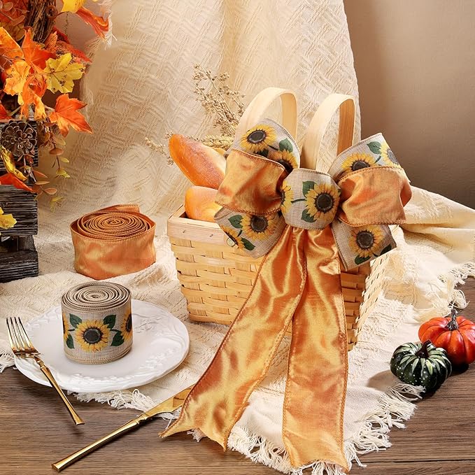 LaRibbons Fall Burlap Plaid Ribbon Wired 2 1/2" x 6 Yards 2 Rolls Reversible Sunflower Dupioni Ribbon for Autumn Wreath Thanksgiving Christmas Farm Gift Wrapping Home Decor