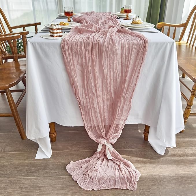IVAPUPU 2 Pcs Cheesecloth Table Runner - 10ft Dusty Pink Boho Rustic Gauze Cheese Cloth Table Runner for Baby Shower Decorations Wedding Party Spring Garden Farmhouse Mothers Day Decor